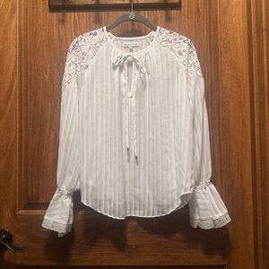 Heartloom White Pintuck Lace Shoulder Tie-Neck Blouse